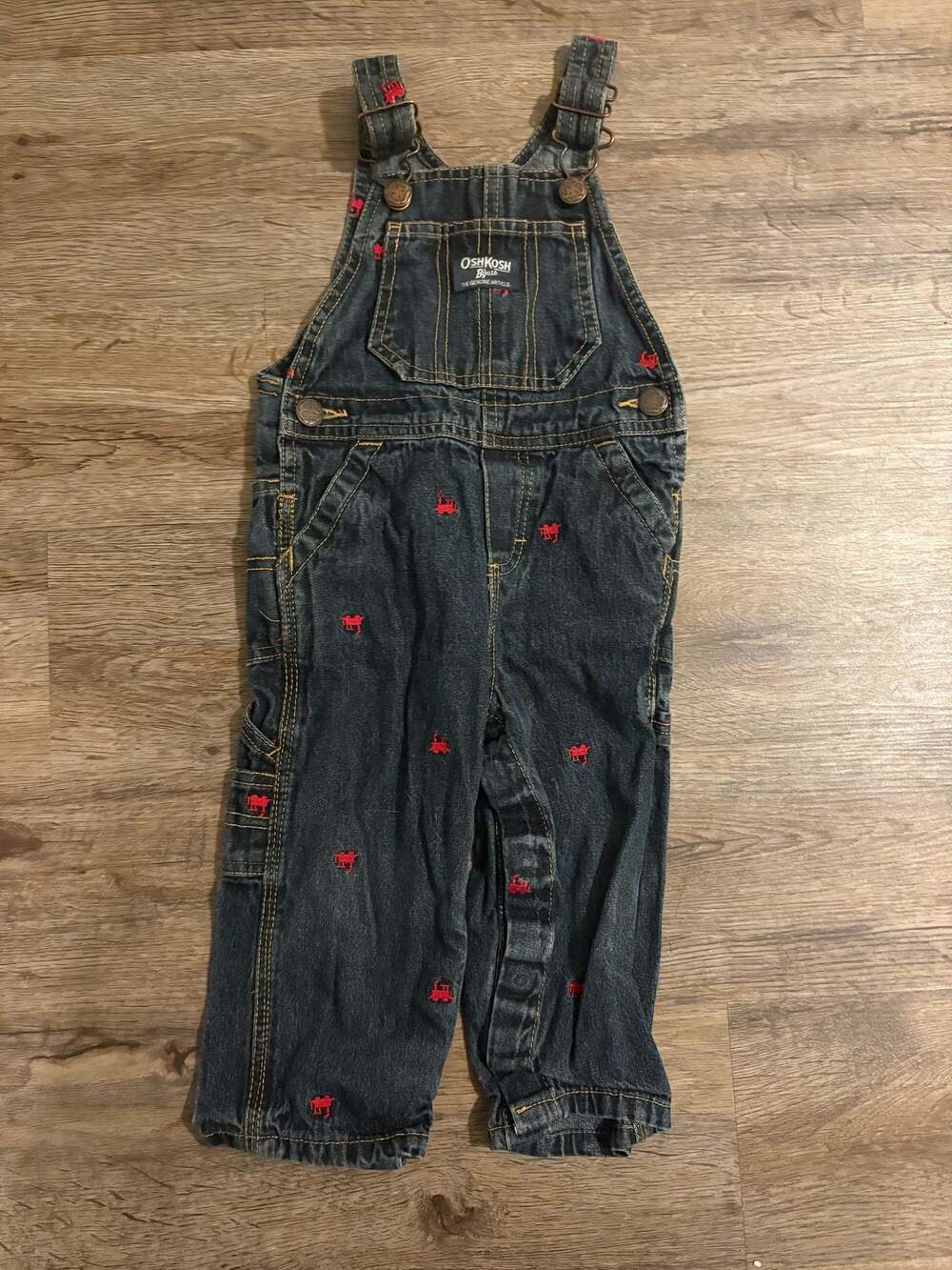 OshKosh Jean Overalls Embroidered Red Trains Size 18M Dark Denim